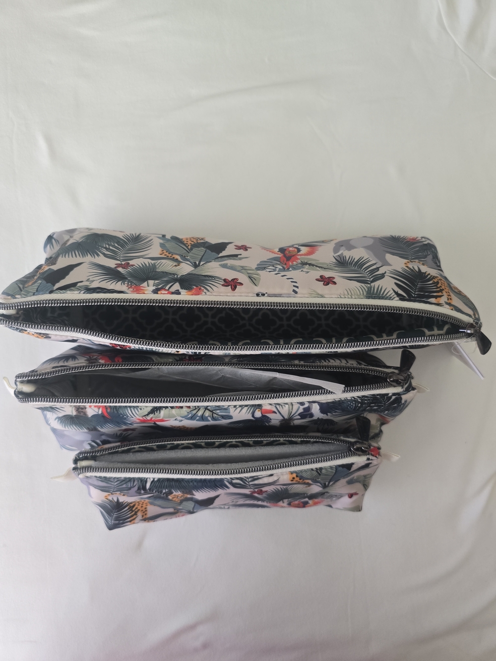 Tropical Print 3 Piece Cosmetic Pouch Set - Wildlife Cream - Picture 7 of 16